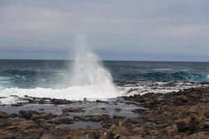 Turbulent ocean waves with white foam beat coastal stones photo