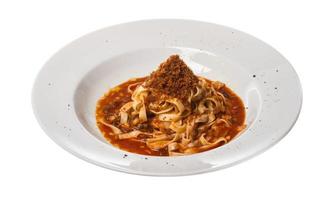 Pasta with tomato sauce basil and grated parmesan photo