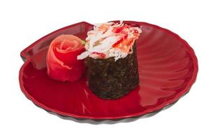 sushi kani with sauced slices of crab shrimp isolated on white background photo