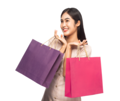 mujer asiática con sus bolsas de compras, archivo png
