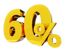 60 por cento de símbolo dourado, renderização 3d png