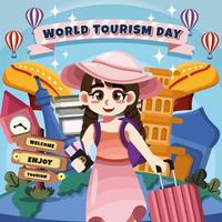 linda mujer viajando en el día mundial del turismo vector