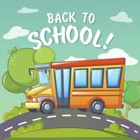 Back to school at school bus concept background, cartoon style vector