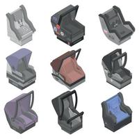 Baby car seat icons set, isometric style vector