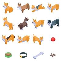 Corgi dogs icons set, isometric style