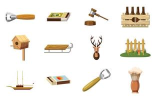 Wood object icon set, cartoon style vector