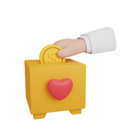 Concepto de caridad o limosna de renderizado 3d con mano, corazón y caja colorida. útil para el islam ramadán png