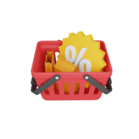 3d rendering shopping basket with discount isolated. useful for e-commerce or business online design png