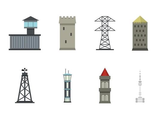 Tower icon set, flat style