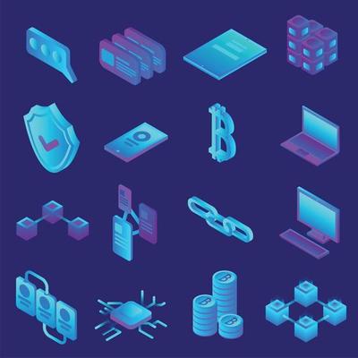 Blockchain icon set, isometric style