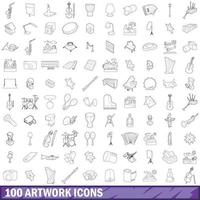 100 artwork icons set, outline style