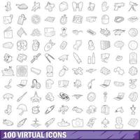 100 virtual icons set, outline style vector