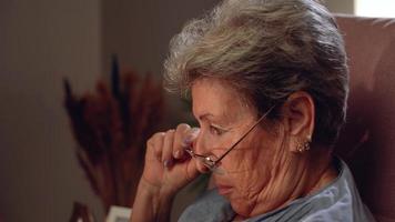 gammal kvinna som läser en bok. han sänker glasögonen halvvägs och läser romanen noggrant. äldre kvinna profil. video