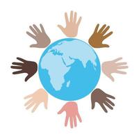 Group of hands of different colors and nationalities with a globe. vector