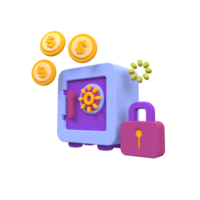 caja de seguridad o bóveda con ilustración de moneda para concepto de idea de negocio aislado en fondo colorido, 3d, representación png