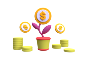 árvore com flor de moeda na ilustração de conceito de negócio de pote para fundo de conceito de ideia de negócio png
