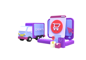 lo shopping online e la consegna con l'illustrazione del concetto di camion per lo sfondo del concetto di idea di business png