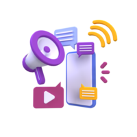 telefone inteligente com ilustração de megafone para o conceito de ideia de negócio isolado em fundo colorido, 3d, render png