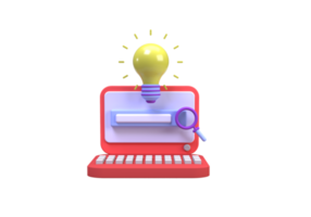 laptop or computer and yellow light bulb with search bar illustration background, 3D, render icon for business idea png