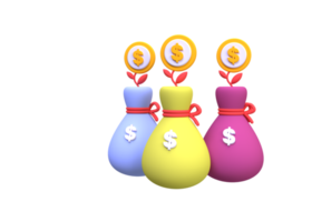 saco de dinheiro e moedas empilham fundo de ilustração, 3d, ícone de renderização para negócios