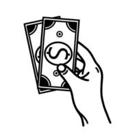 Hand holding banknotes vector icon. Financial operation sketch - buy, sale, credit. Human hand with USA dollars, American bank tickets. Cash, currency symbol, payment sign. Paper bills, outline