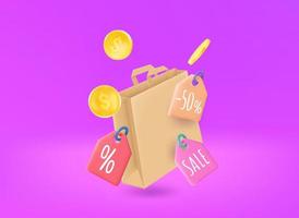Shopping bag with price tags and coins. 3d vector illustration