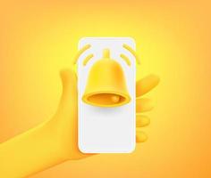 Cute comic hand with notification on smartphone. 3d vector illustration