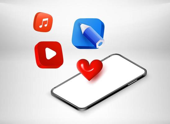 Mobile artistic application icons with modern smartphone. 3d vector illuistration