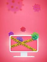 Aware of internet faraud and viruses. Modern computer monitor with ribbons on the screen. 3d vector vertical banner with copy space