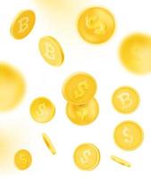 Golden coins falling down vector illustration with blur effect. 3d vector