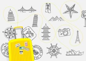 Travel concept with yellow bag and doodle elements. Vector illustration