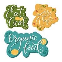 Handwritten vector lettering stickers about local food and zero waste with botanical elements.