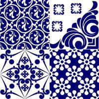 Seamless patchwork tile. Majolica pottery tile. Portuguese and Spain decor. Ceramic tile in talavera style. Vector illustration.  Abstract seamless patchwork pattern with geometric and floral ornament