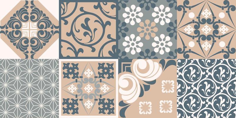 Seamless patchwork tile. Majolica pottery tile. Portuguese and Spain decor. Ceramic tile in talavera style. Vector illustration.  Abstract seamless patchwork pattern with geometric and floral ornament