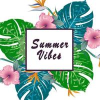 Summer Vibes. Summer green tropical flyer design with tropical flowers and monstera leaves. Frame design. Copy space vector