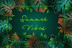 Summer Vibes. Summer green tropical flyer design with tropical flowers and monstera leaves. Frame design. Copy space vector