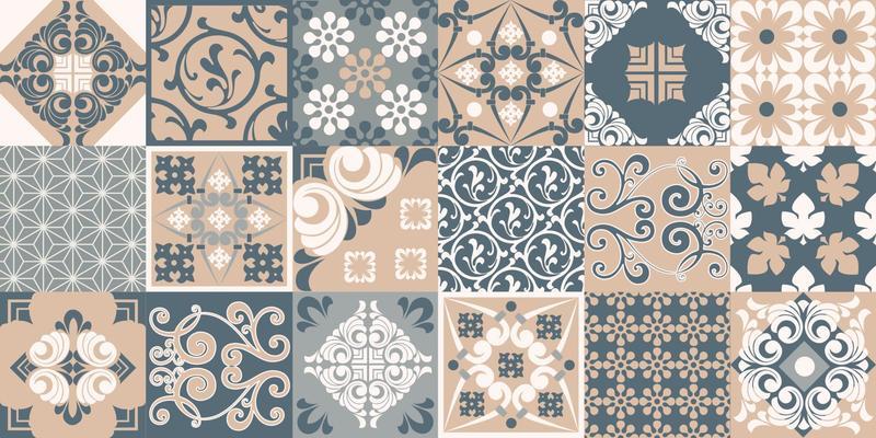 Seamless patchwork tile. Majolica pottery tile. Portuguese and Spain decor. Ceramic tile in talavera style. Vector illustration.  Abstract seamless patchwork pattern with geometric and floral ornament
