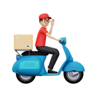 3d Delivery person waiving hand while riding scooter png