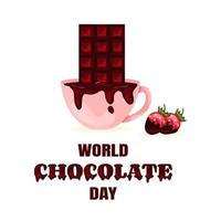 Cup of Hot Chocolate with Chocolate Bar and Strawberries in Chocolate World Chocolate Day Card vector