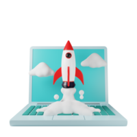 3d render Laptop with rocket launch. business technology design illustration png