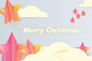 Stars and Merry Christmas text on blue sky winter season background for merry christmas paper art style. Vector illustration.