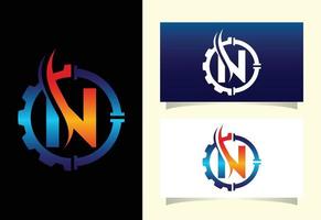 Initial N monogram alphabet with gear pipe and flame. Oil and gas logo concept. Font emblem. Modern vector logo for petroleum business and company identity