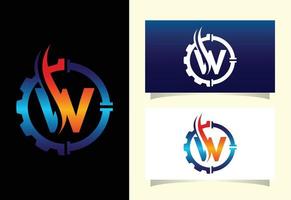 Initial W monogram alphabet with gear pipe and flame. Oil and gas logo concept. Font emblem. Modern vector logo for petroleum business and company identity