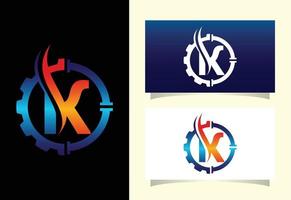 Initial K monogram alphabet with gear pipe and flame. Oil and gas logo concept. Font emblem. Modern vector logo for petroleum business and company identity