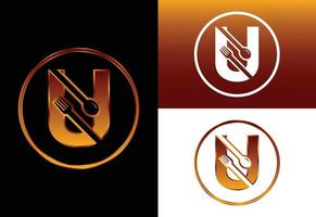 Initial U monogram alphabet with a fork, and spoon. Font emblem. Modern vector logo for cafe, restaurant, cooking business, and company identity