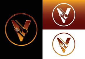 alfabeto inicial del monograma v con un tenedor y una cuchara. emblema de fuente logotipo vectorial moderno para café, restaurante, negocio de cocina e identidad de empresa vector