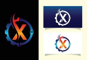 Initial X monogram alphabet with gear pipe and flame. Oil and gas logo concept. Font emblem. Modern vector logo for petroleum business and company identity