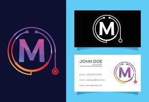 Initial M monogram alphabet with doctor stethoscope. Vector stethoscope logo or icon