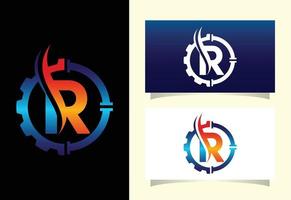 Initial R monogram alphabet with gear pipe and flame. Oil and gas logo concept. Font emblem. Modern vector logo for petroleum business and company identity