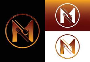 Initial M monogram alphabet with a fork, and spoon. Font emblem. Modern vector logo for cafe, restaurant, cooking business, and company identity